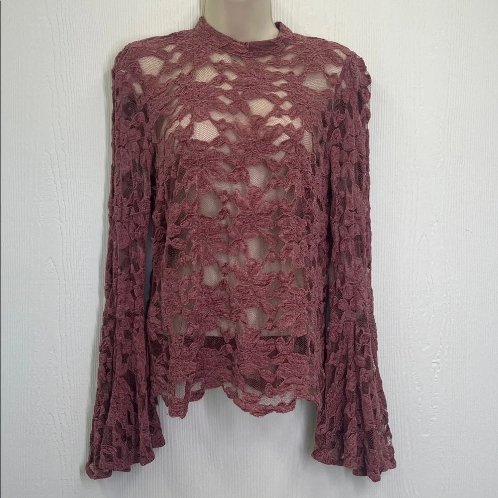 Anthropologie - Akemi + Kin Rose Pink Mock Neck Lace Long Sleeve Blouse Size 6